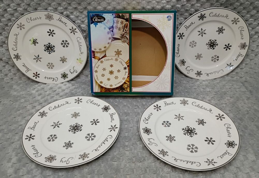 Set 4 Gibson Everyday Snowflakes Dinner Plates 10.5" Gold Colored Christmas